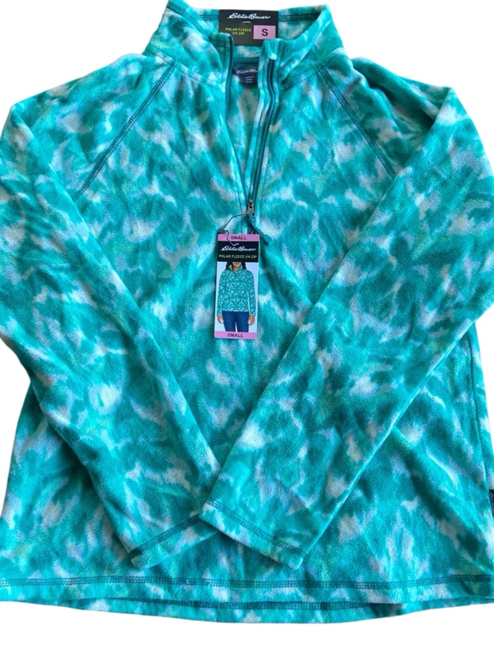 Eddie Bauer Teal and White Tie-Dye 1/4 Zip Polar Fleece Pullover